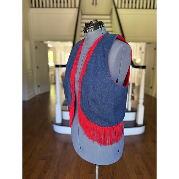 Plus Size 2X Vintage 80s 90s Blue Denim Red Fringe Cowgirl Rodeo Western Costume - Picture 4 of 8